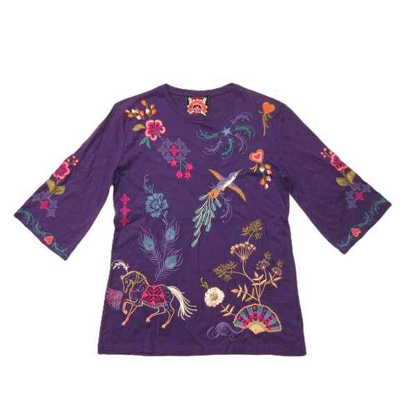 NWT Johnny Was Ariela Boxy Knit Tee in Plum Purple Embroidered Cotton Top XS - Picture 1 of 4